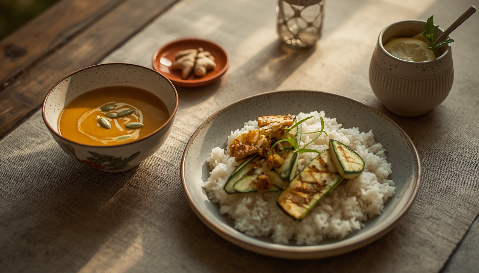 Crema de calabaza con semillas y un plato de arroz basmati con calabacín sobre mesa de madera con luz cálida