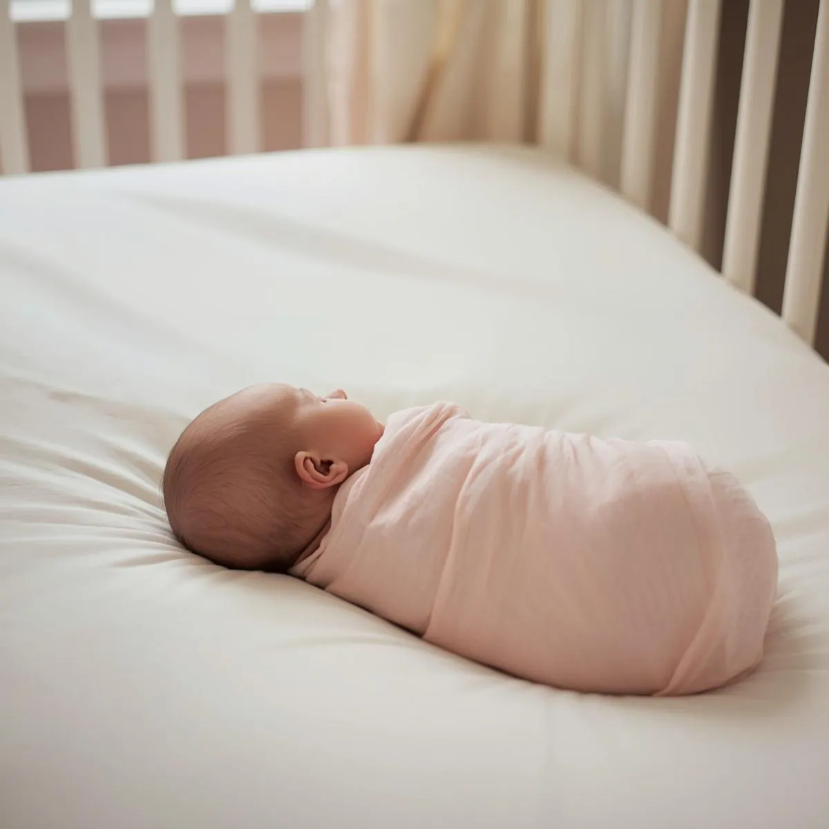 Bebé recién nacido durmiendo tranquilo en su cuna envuelto en una manta de muselina rosa