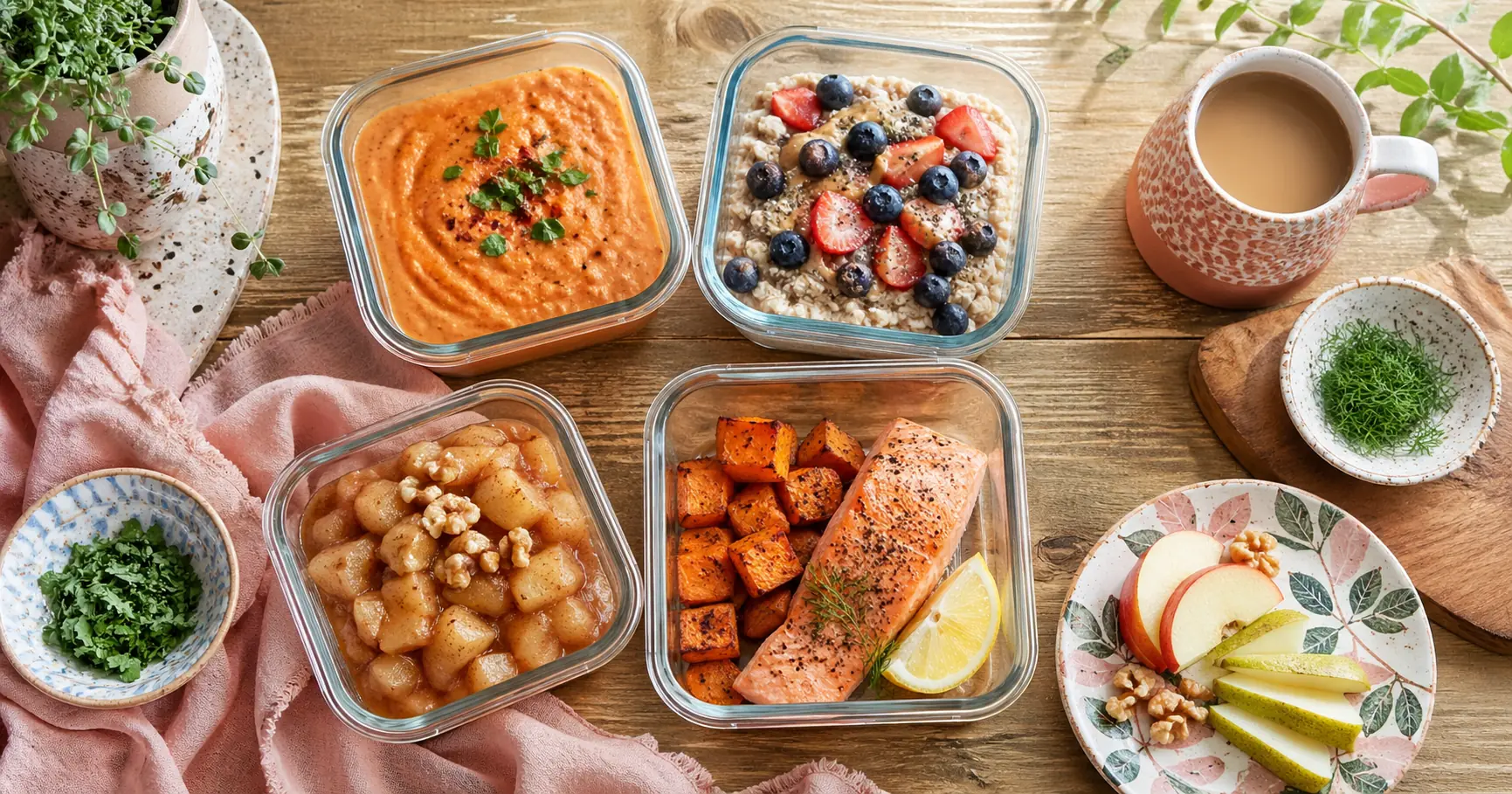 Meal prep posparto con cremas, avena, salmón y compota en frascos sobre mesa de madera