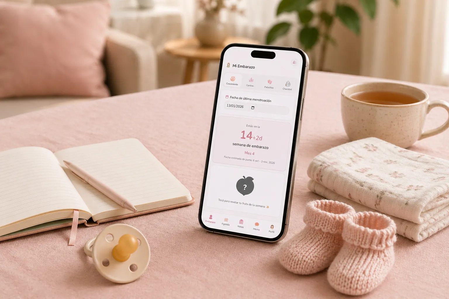 Teléfono con app de seguimiento del bebé, cuaderno y objetos esenciales sobre un fondo rosa suave