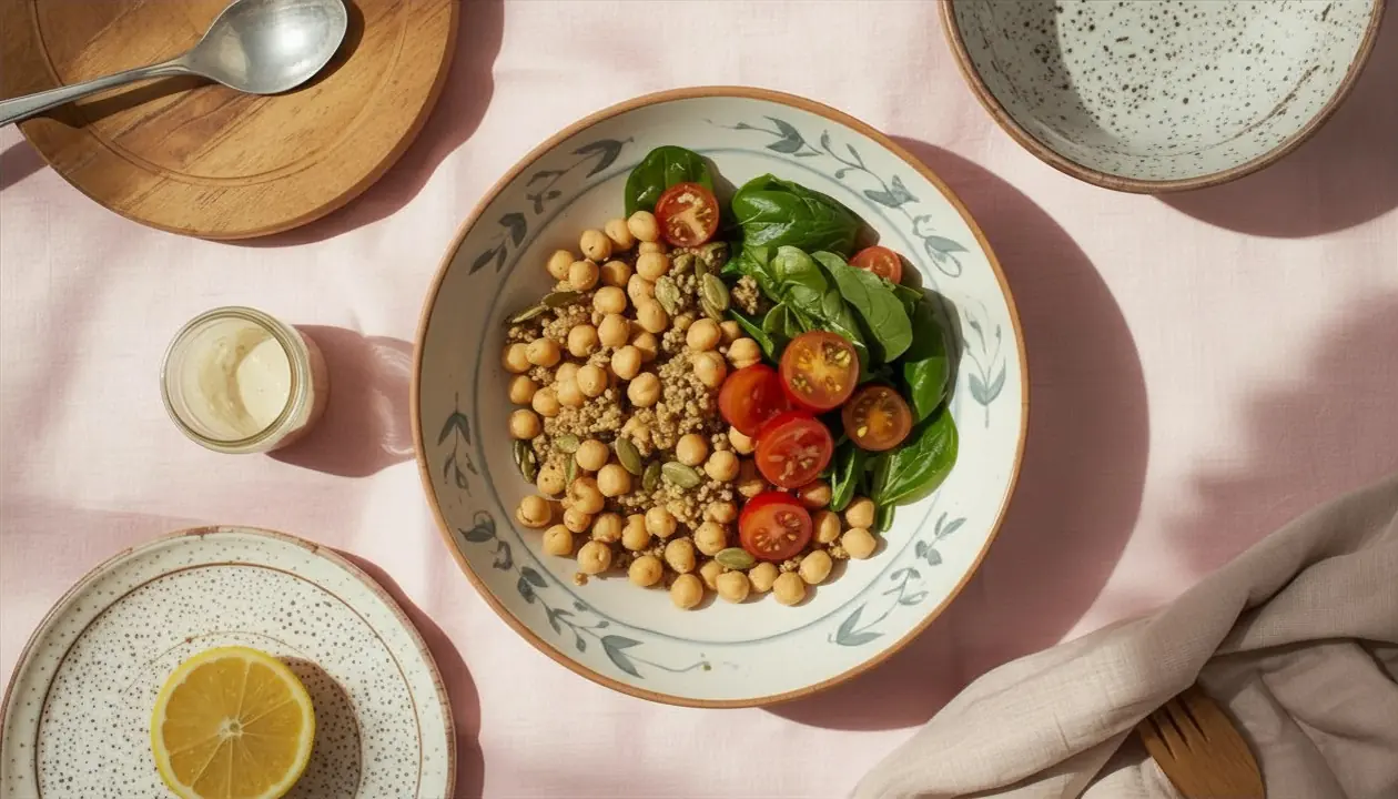 Bowl de quinoa con garbanzos, espinacas y tahini sobre fondo rosa suave